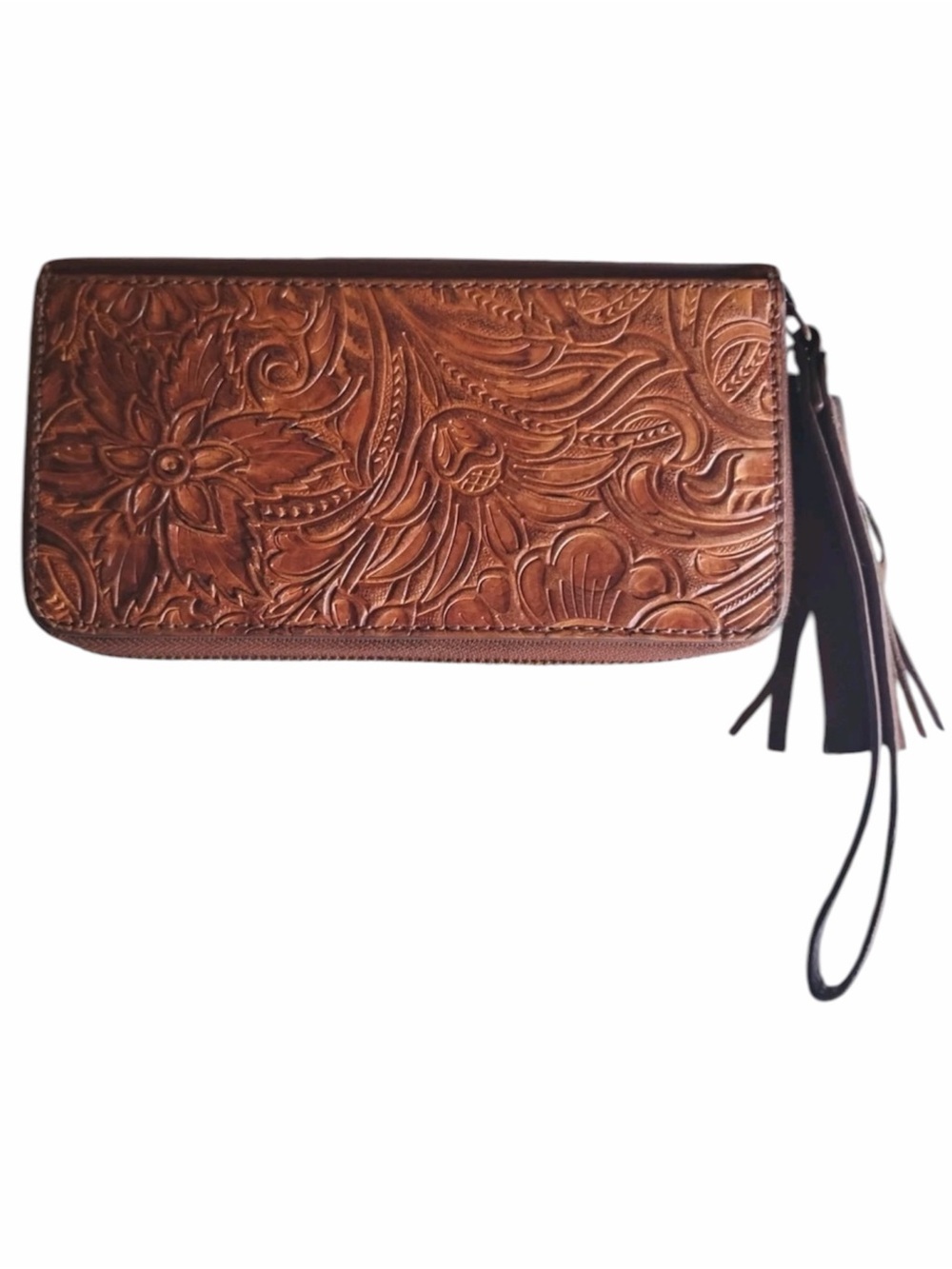 Shyanne RARE Western Tooled Brown Leather Zip Wallet